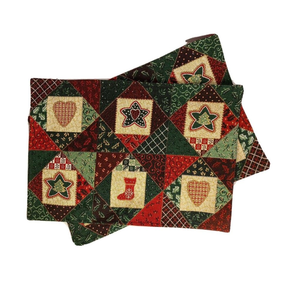 Windjammer Weavers Christmas Tapestry Placemats, Holiday Pair 13x19 Patchwork